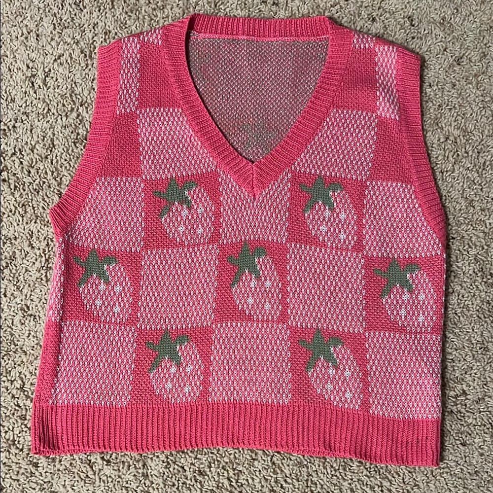 Strawberry Knit Sweater Vest - Pink and Green Size L 8/10
